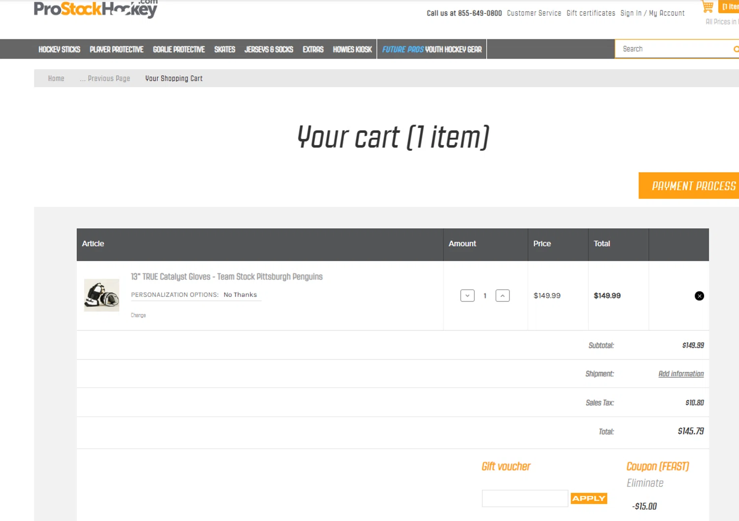 Pro Stock Hockey coupon code screenshot showing code FEAST applied at Pro Stock Hockey checkout page. Uploaded by SimplyCodes community member jesspea on Nov 27, 2025