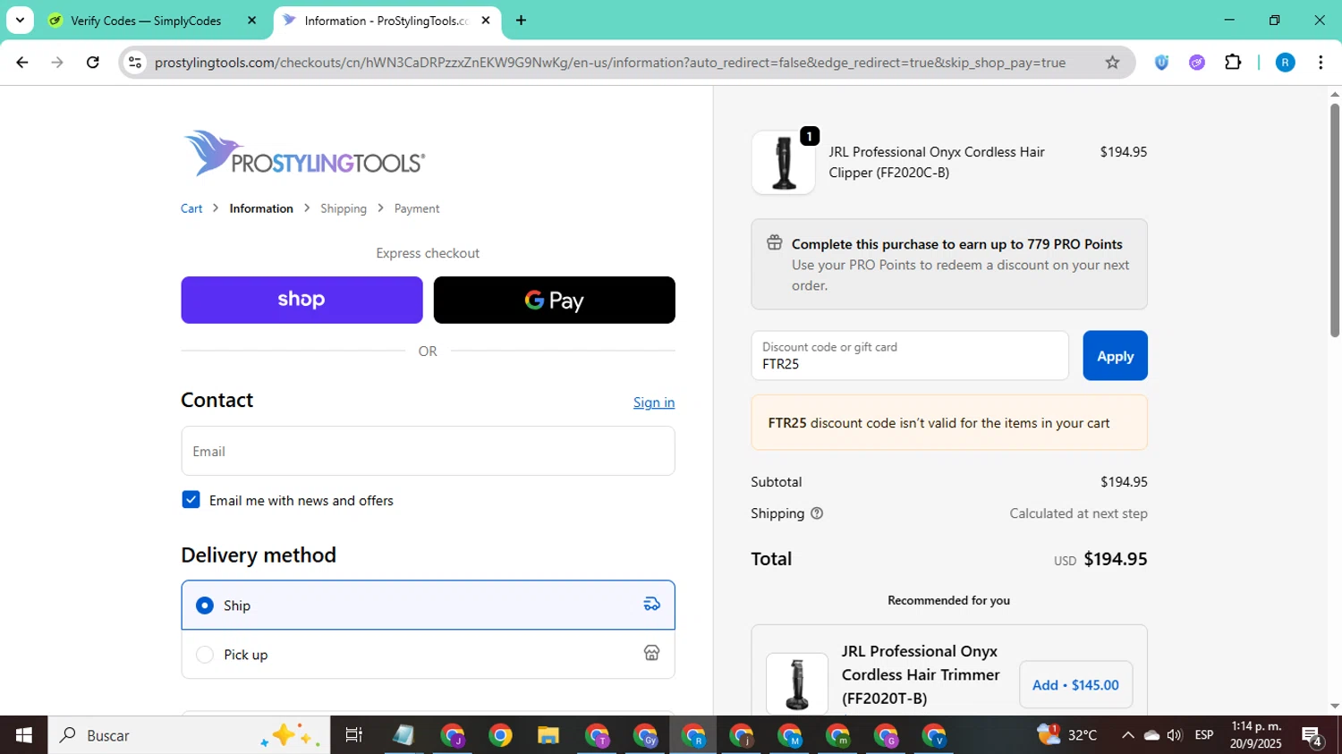 Pro Styling Tools discount code screenshot showing code FTR25 applied at Pro Styling Tools checkout page. Uploaded by SimplyCodes community member CodeShopper8605 on Sep 20, 2025