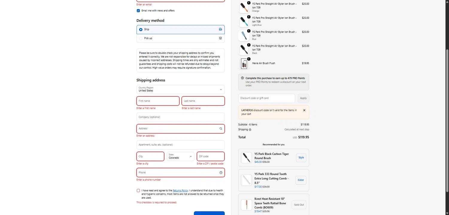 Pro Styling Tools discount code screenshot showing code LATHER30 applied at Pro Styling Tools checkout page. Uploaded by SimplyCodes community member QuestKnight7206 on Jan 31, 2026