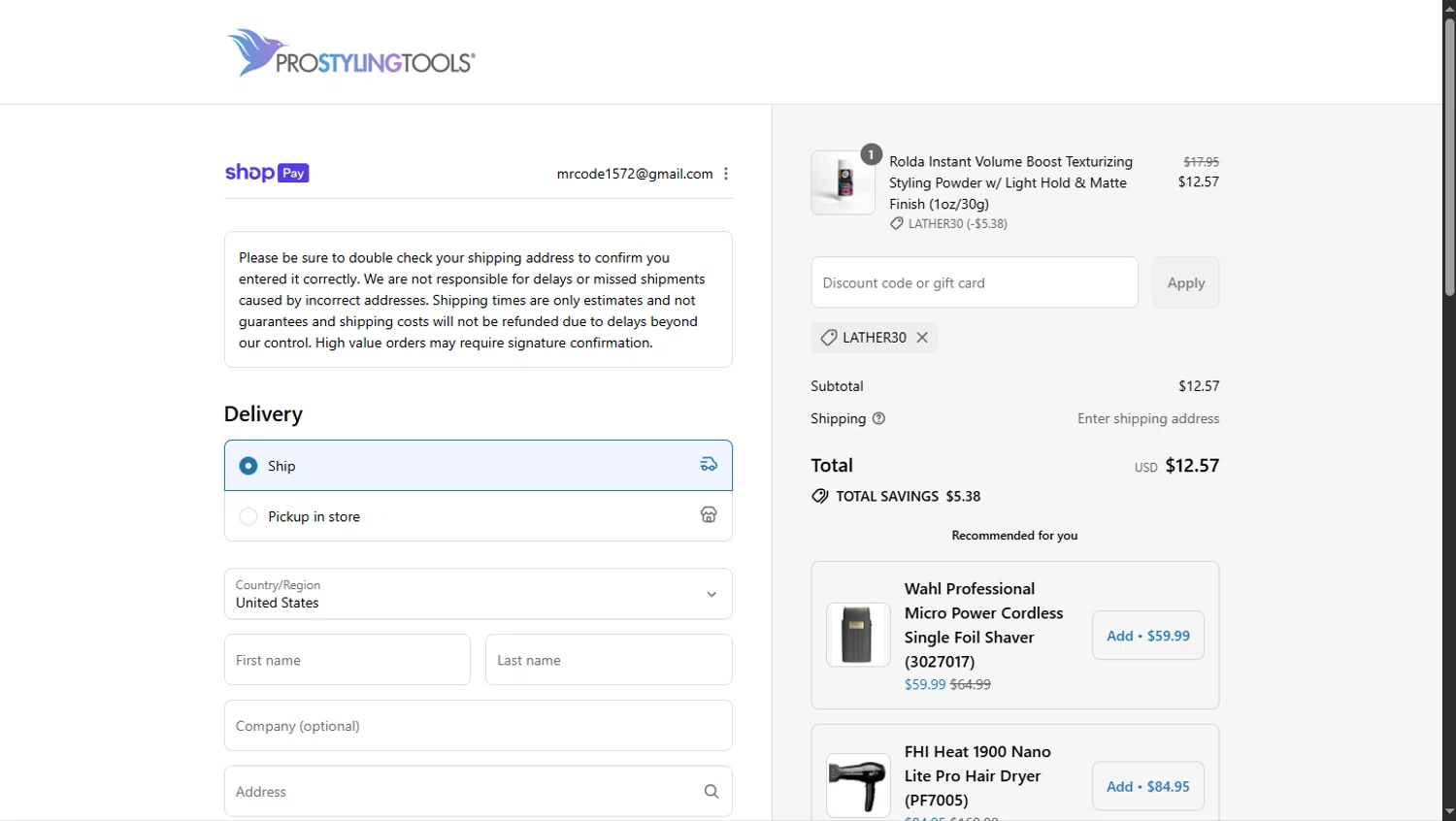 Pro Styling Tools discount code screenshot showing code LATHER30 applied at Pro Styling Tools checkout page. Uploaded by SimplyCodes community member TokioMiller on Jul 18, 2025