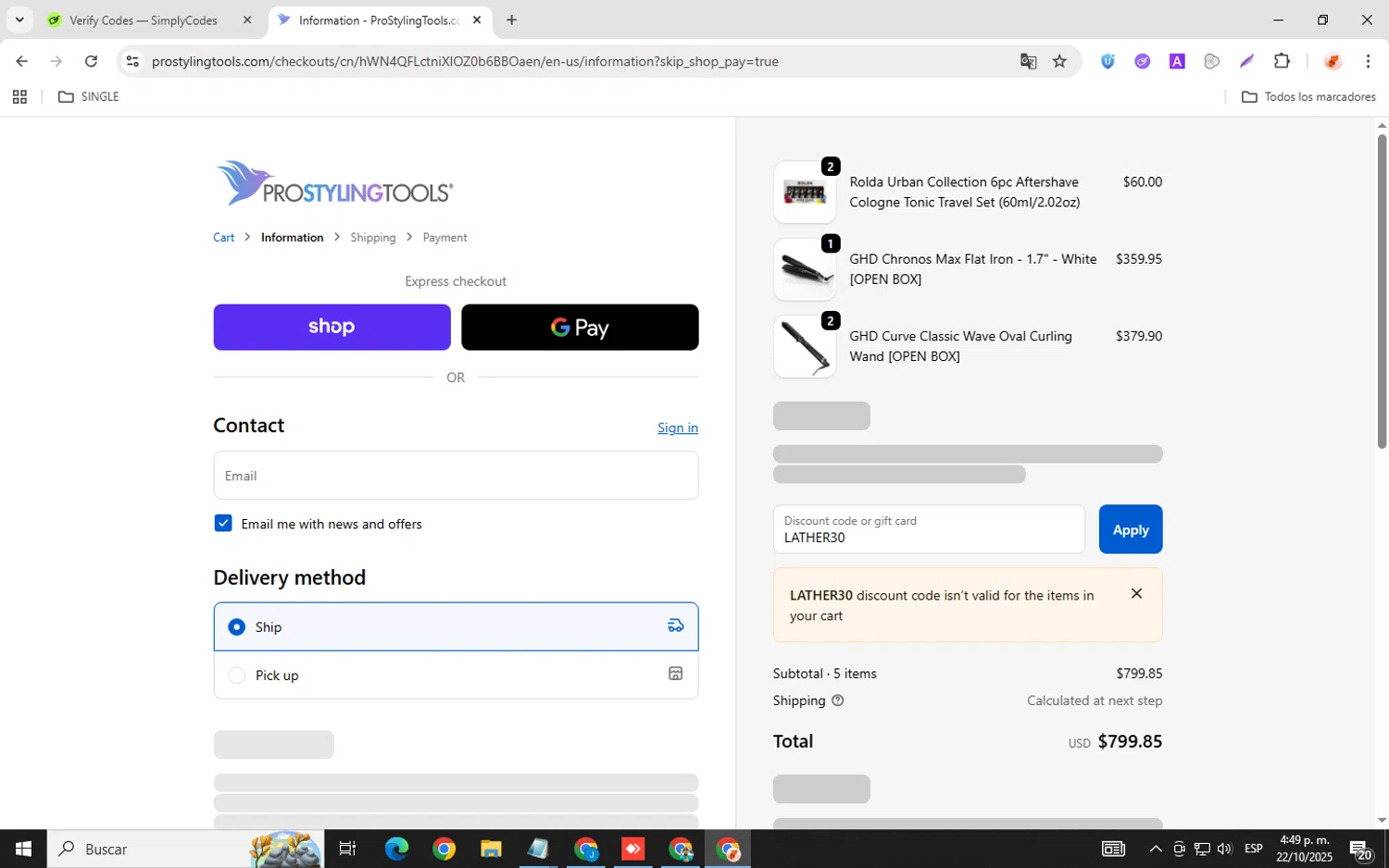 Pro Styling Tools discount code screenshot showing code LATHER30 applied at Pro Styling Tools checkout page. Uploaded by SimplyCodes community member donaldJtrump on Oct 22, 2025