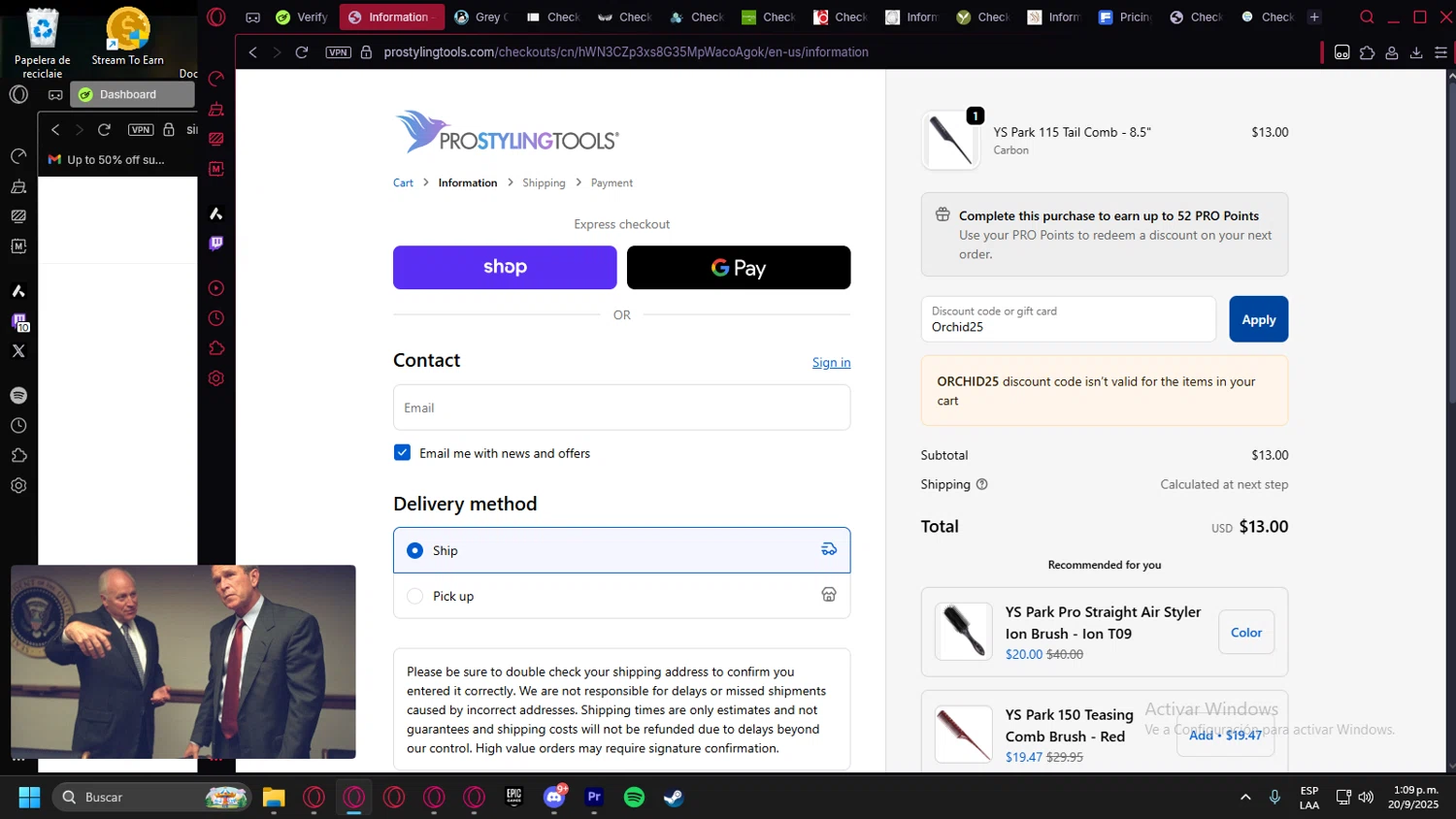Pro Styling Tools discount code screenshot showing code Orchid25 applied at Pro Styling Tools checkout page. Uploaded by SimplyCodes community member leonardocamacho2 on Sep 20, 2025