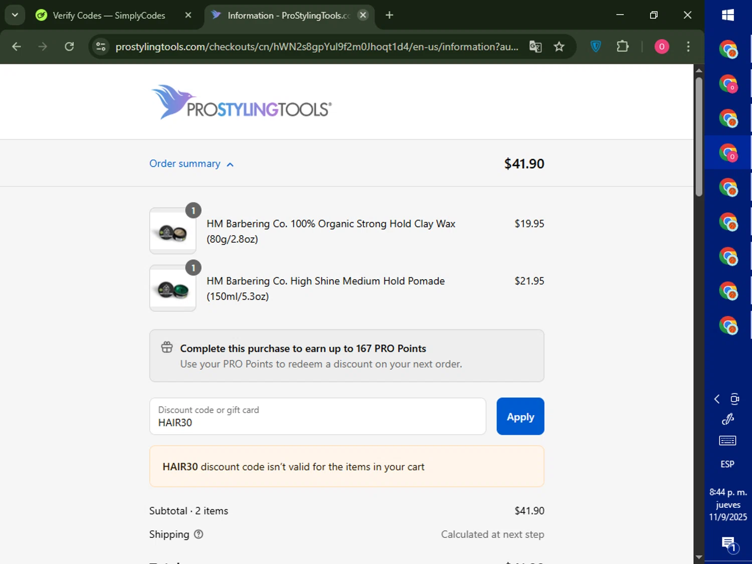 Pro Styling Tools discount code screenshot showing code HAIR30 applied at Pro Styling Tools checkout page. Uploaded by SimplyCodes community member LegendaryRanger6350 on Sep 12, 2025