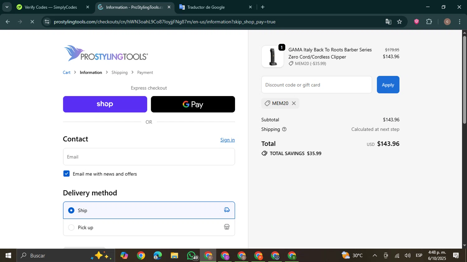 Pro Styling Tools discount code screenshot showing code MEM20 applied at Pro Styling Tools checkout page. Uploaded by SimplyCodes community member NobleExpert6497 on Oct 6, 2025