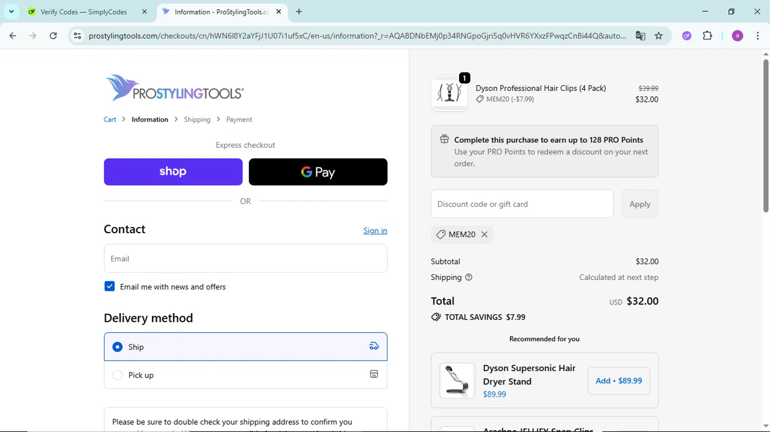 Pro Styling Tools discount code screenshot showing code MEM20 applied at Pro Styling Tools checkout page. Uploaded by SimplyCodes community member PennyBoss9589 on Dec 23, 2025