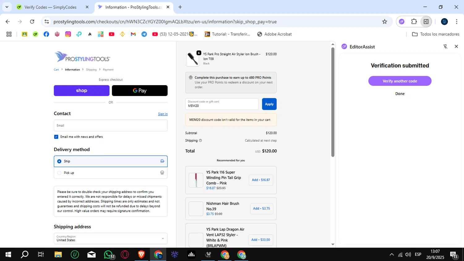 Pro Styling Tools discount code screenshot showing code MEM20 applied at Pro Styling Tools checkout page. Uploaded by SimplyCodes community member SunJinWoo on Sep 20, 2025