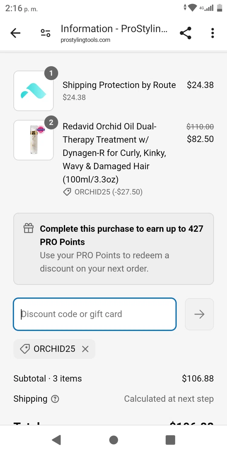 Pro Styling Tools discount code screenshot showing code Orchid25 applied at Pro Styling Tools checkout page. Uploaded by SimplyCodes community member franksanchez on Mar 10, 2025