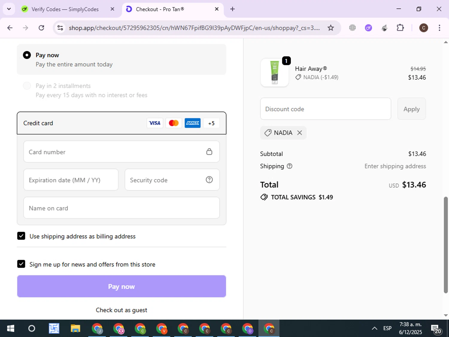 ProTan discount code screenshot showing code NADIA applied at ProTan checkout page. Uploaded by SimplyCodes community member ExtraordinaryPro8536 on Dec 6, 2025