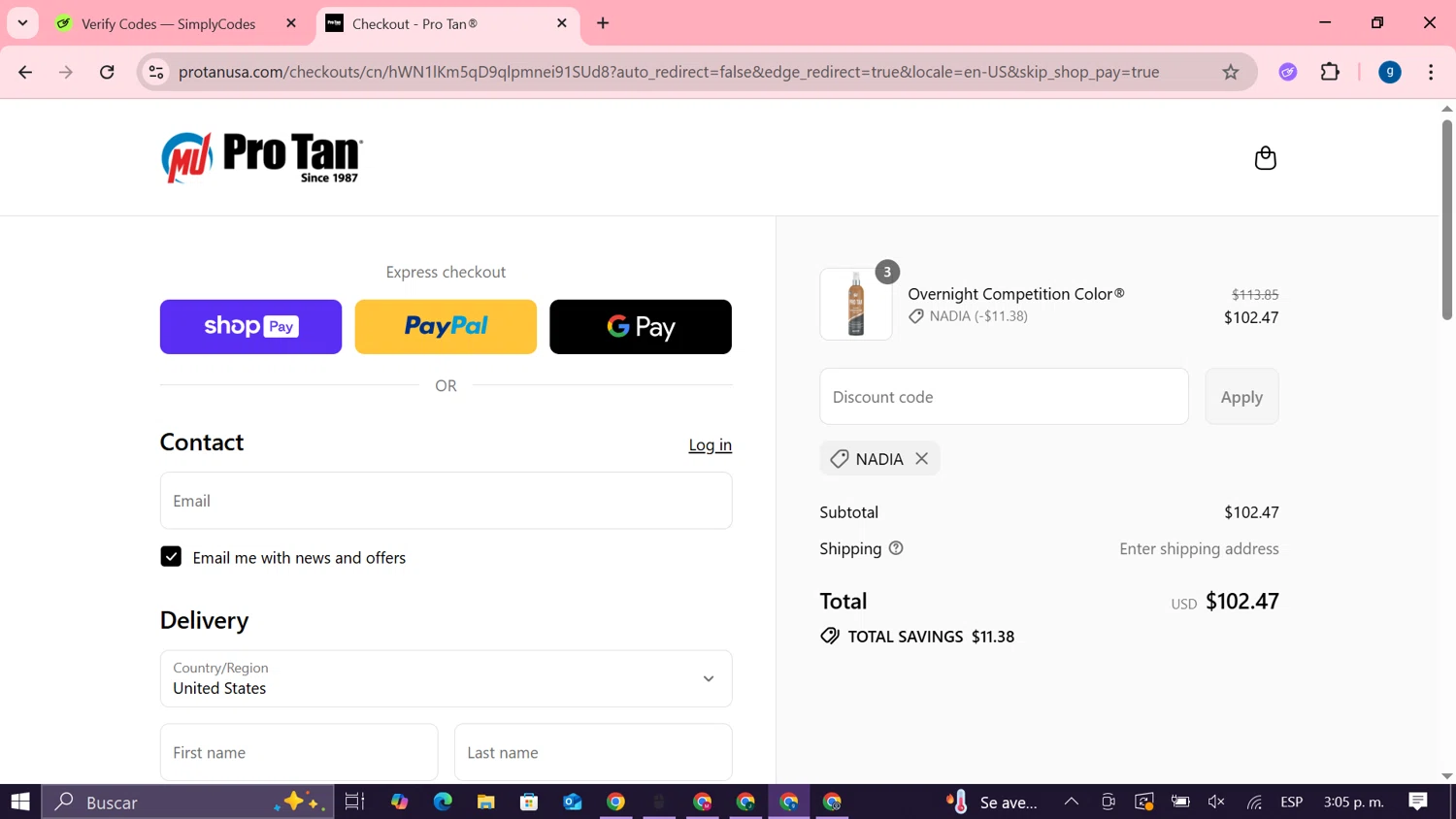 ProTan discount code screenshot showing code NADIA applied at ProTan checkout page. Uploaded by SimplyCodes community member MoneyTiger7289 on Aug 13, 2025