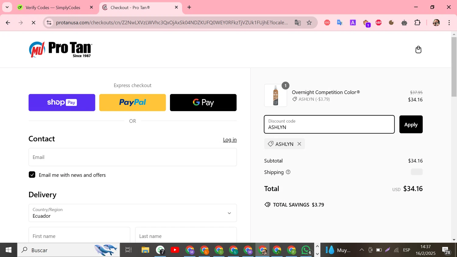 ProTan discount code screenshot showing code ASHLYN applied at ProTan checkout page. Uploaded by SimplyCodes community member Susejprimera on Feb 16, 2025