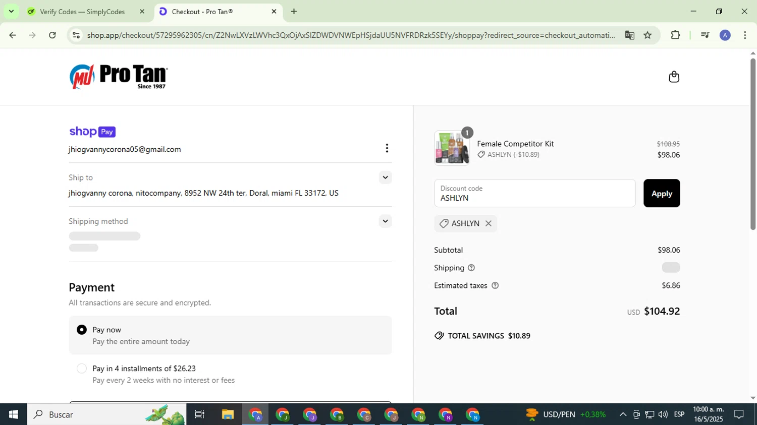 ProTan discount code screenshot showing code ASHLYN applied at ProTan checkout page. Uploaded by SimplyCodes community member TreasureCaptain5531 on May 16, 2025
