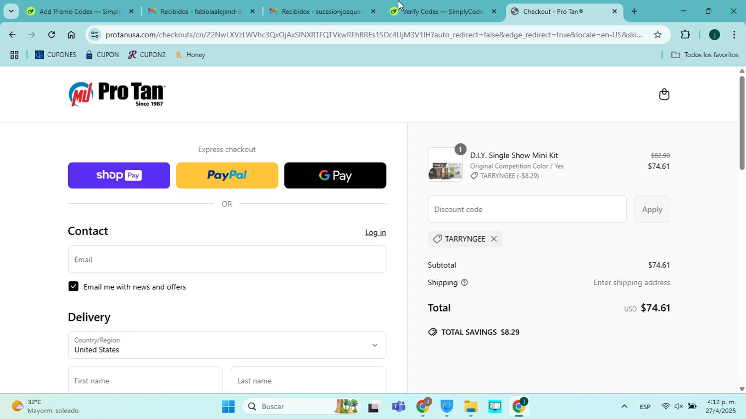 ProTan discount code screenshot showing code TARRYNGEE applied at ProTan checkout page. Uploaded by SimplyCodes community member jorgejavierherrera on Apr 27, 2025
