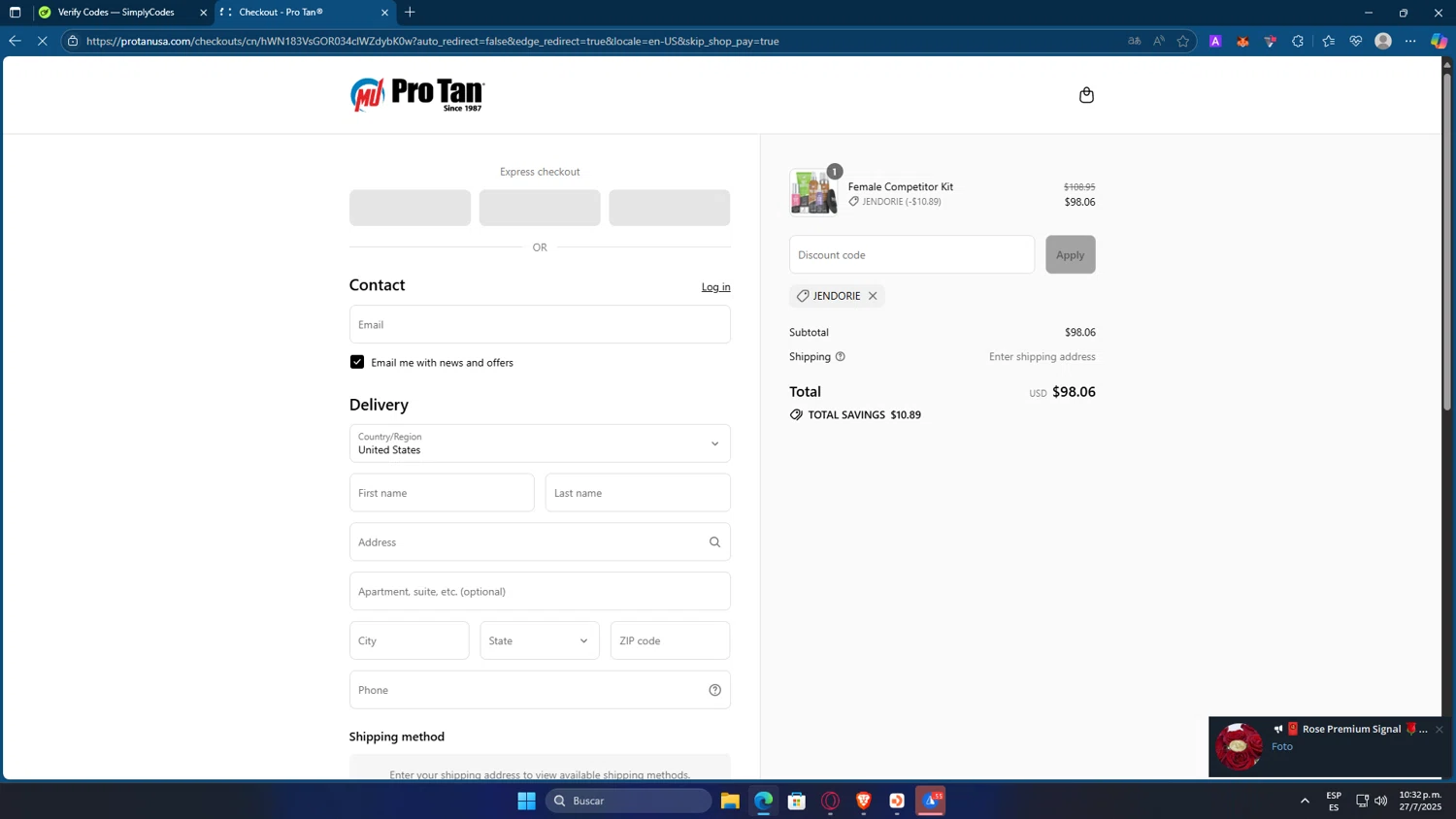 ProTan discount code screenshot showing code JENDORIE applied at ProTan checkout page. Uploaded by SimplyCodes community member GOJOSATURO on Jul 28, 2025