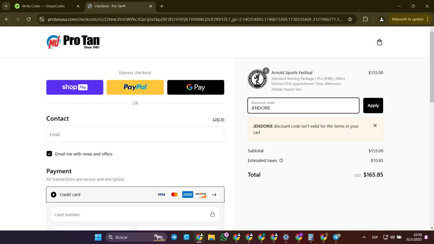 ProTan discount code screenshot showing code JENDORIE applied at ProTan checkout page. Uploaded by SimplyCodes community member CleverLion9708 on Jan 31, 2025