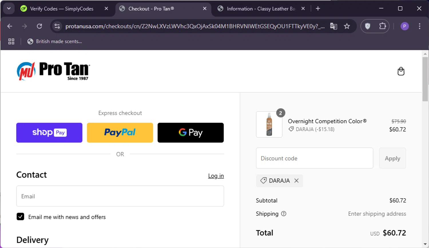 ProTan discount code screenshot showing code daraja applied at ProTan checkout page. Uploaded by SimplyCodes community member TreasureMaestro5377 on Feb 16, 2025