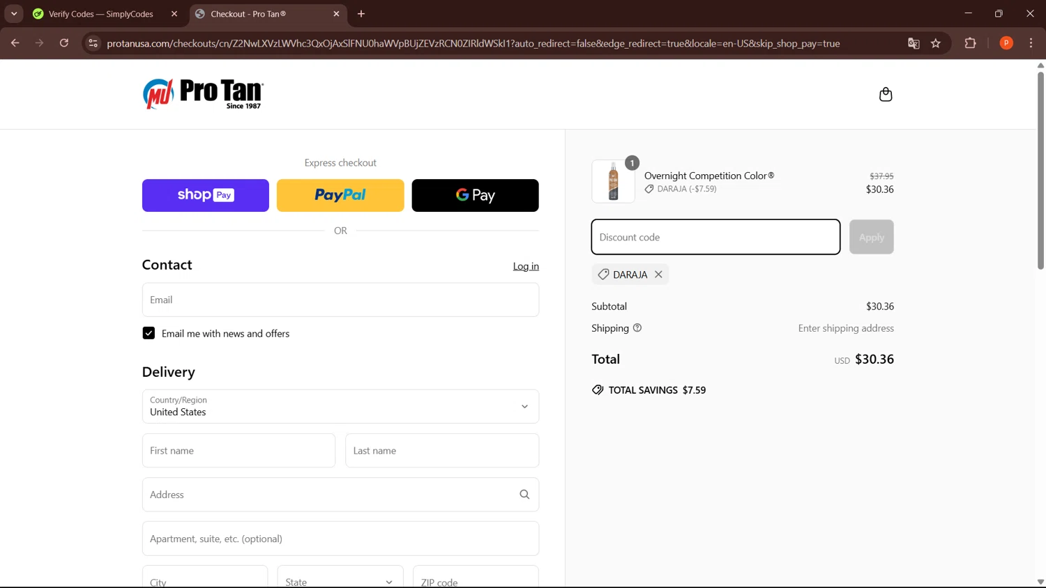 ProTan discount code screenshot showing code daraja applied at ProTan checkout page. Uploaded by SimplyCodes community member LegendaryPro3698 on Mar 31, 2025