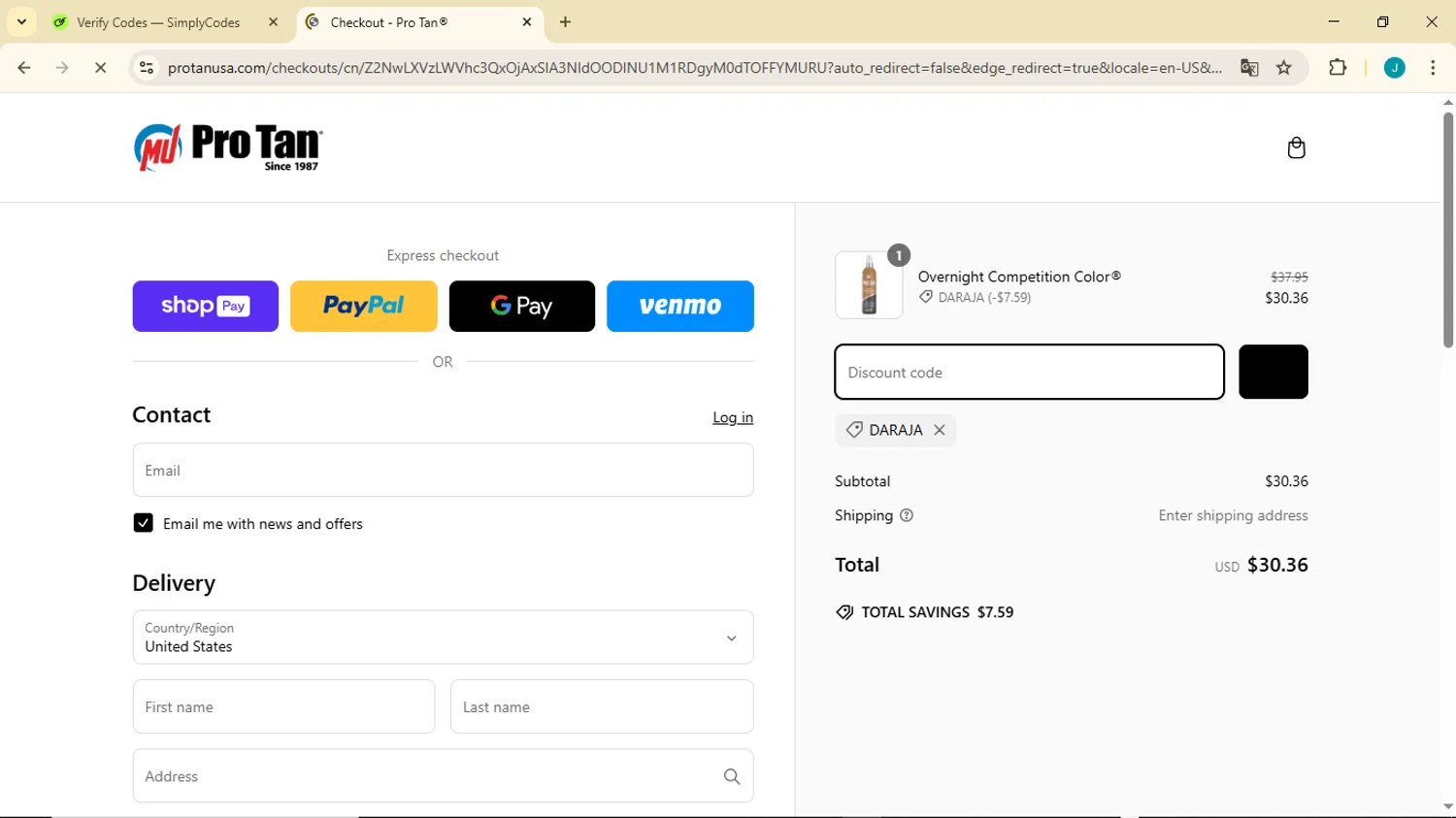 ProTan discount code screenshot showing code daraja applied at ProTan checkout page. Uploaded by SimplyCodes community member GoldDefender3268 on Mar 13, 2025