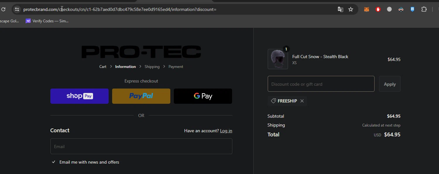 Pro-Tec checkout page showing Pro-Tec promo code box | Screenshot taken by SimplyCodes community member on Jan 18, 2024