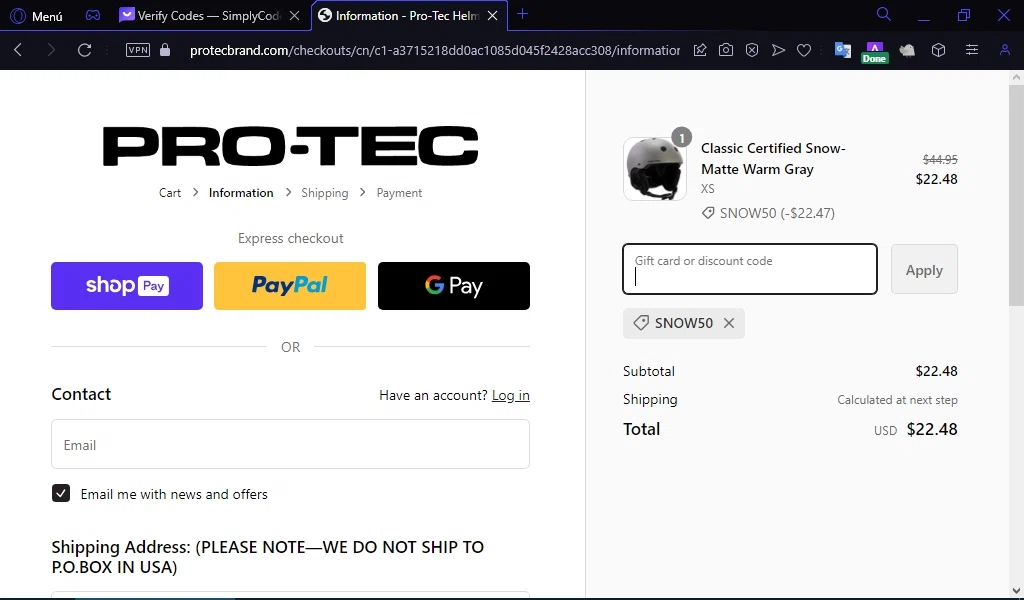 Pro-Tec checkout page showing Pro-Tec promo code box | Screenshot taken by SimplyCodes community member on Aug 23, 2023
