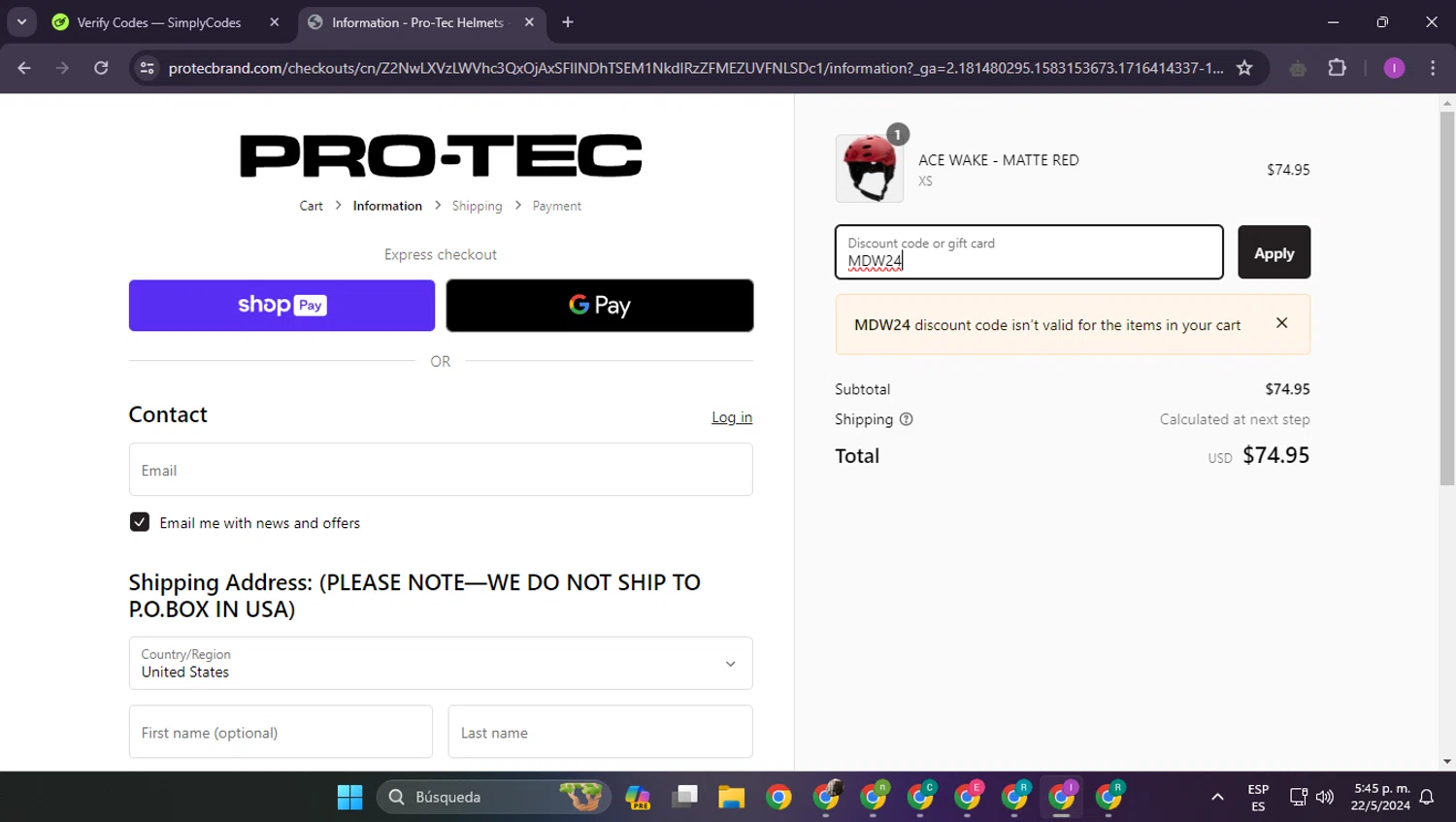 Pro-Tec checkout page showing Pro-Tec promo code box | Screenshot taken by SimplyCodes community member on May 22, 2024