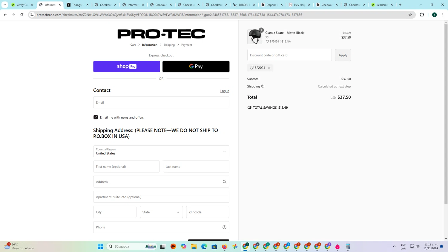 Pro-Tec checkout page showing Pro-Tec promo code box | Screenshot taken by SimplyCodes community member on Nov 11, 2024