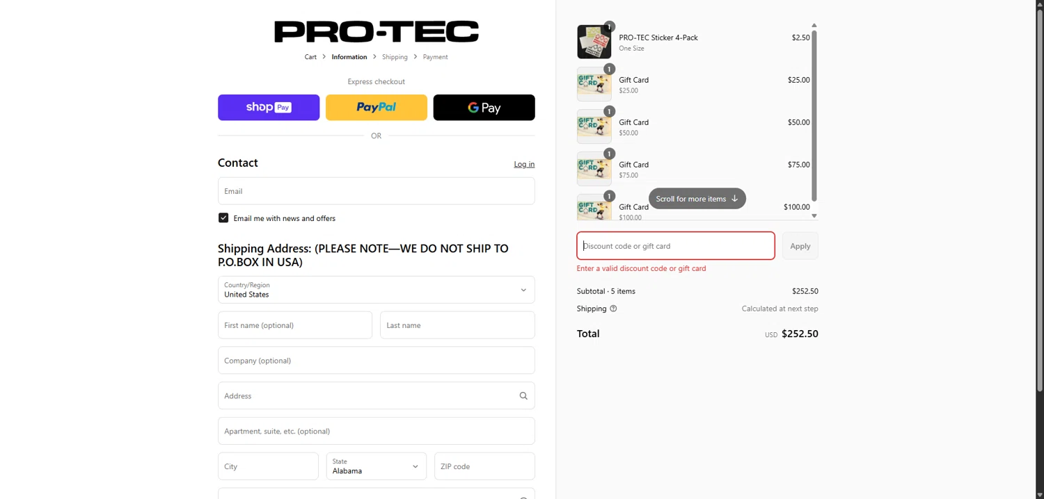 Pro-Tec promo code screenshot showing code CODE10 applied at Pro-Tec checkout page. Uploaded by SimplyCodes community member EpicGuardian2592 on Jun 13, 2025