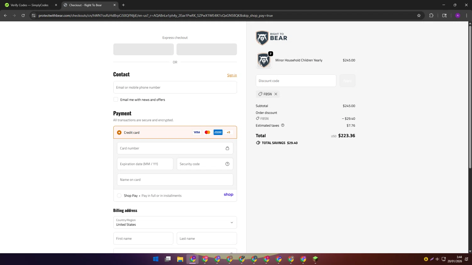 Right to Bear promo code screenshot showing code FBSN applied at Right to Bear checkout page. Uploaded by SimplyCodes community member AVAMUSTANG on Jan 20, 2026