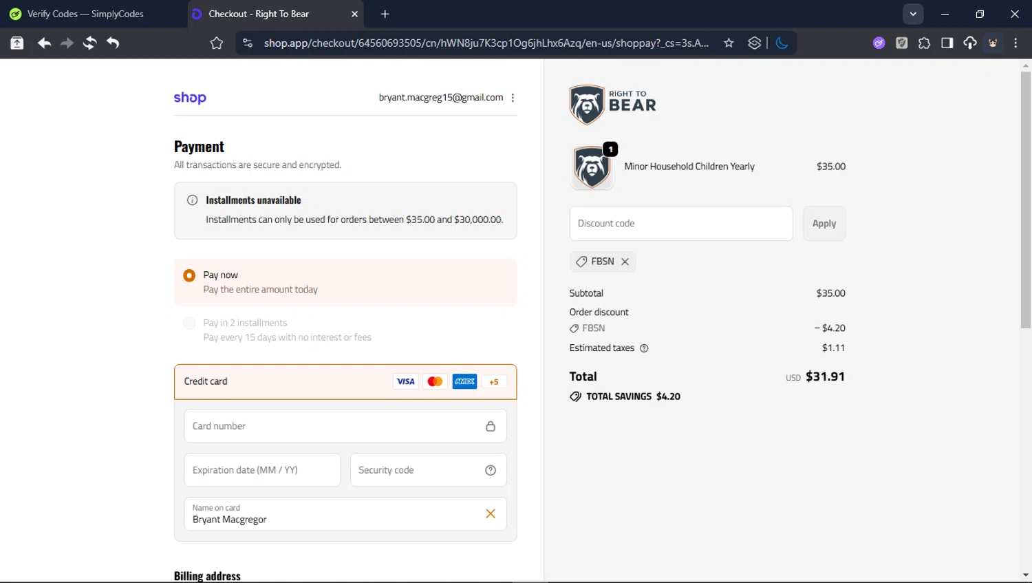 Right to Bear promo code screenshot showing code FBSN applied at Right to Bear checkout page. Uploaded by SimplyCodes community member BrilliantTitan6909 on Feb 13, 2026