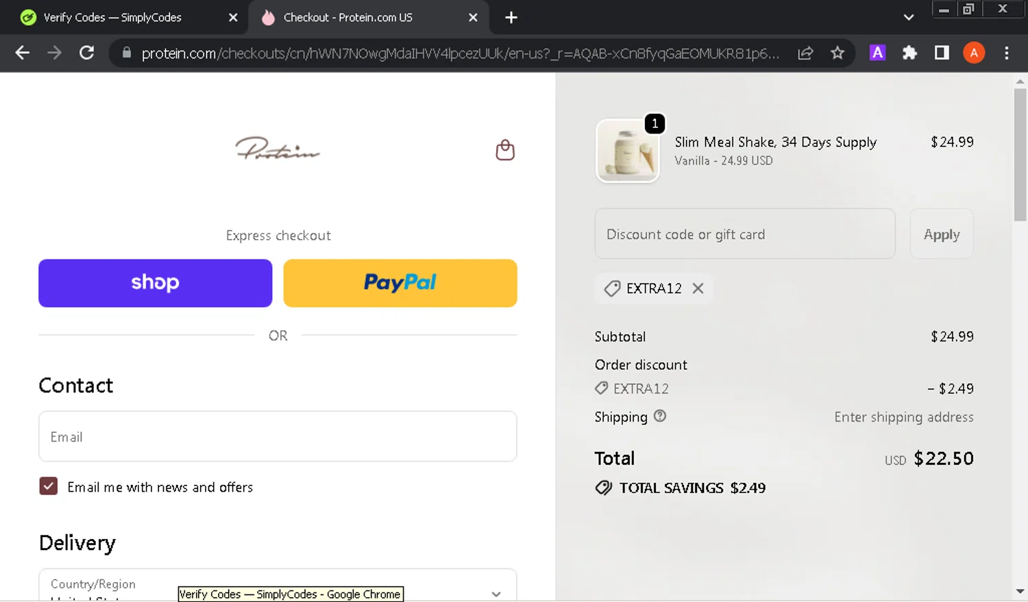 Protein.com checkout page showing Protein.com discount code box | Screenshot taken by SimplyCodes community member on Jan 8, 2026