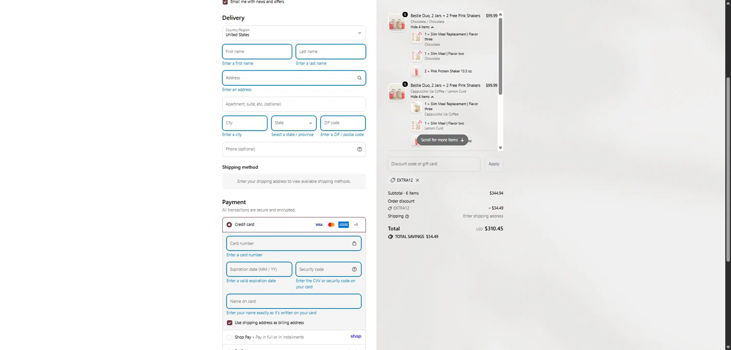 Protein.com discount code screenshot showing code EXTRA12 applied at Protein.com checkout page. Uploaded by SimplyCodes community member SwiftHunter5737 on Jan 20, 2026