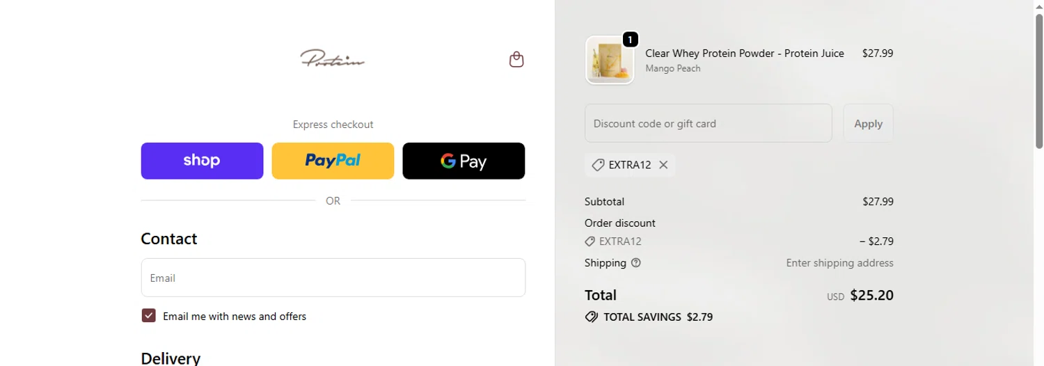 Protein.com checkout page showing Protein.com discount code box | Screenshot taken by SimplyCodes community member on Jan 2, 2026