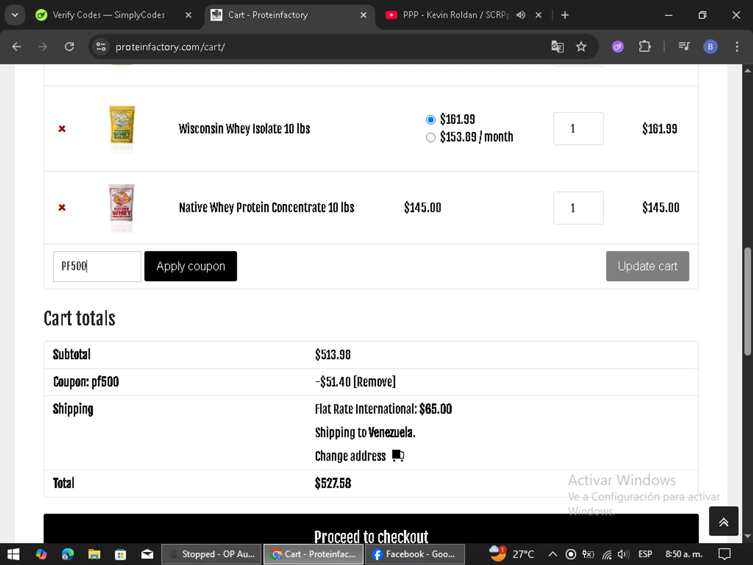 Protein Factory discount code screenshot showing code PF500 applied at Protein Factory checkout page. Uploaded by SimplyCodes community member WiseBoss5822 on Jun 16, 2025