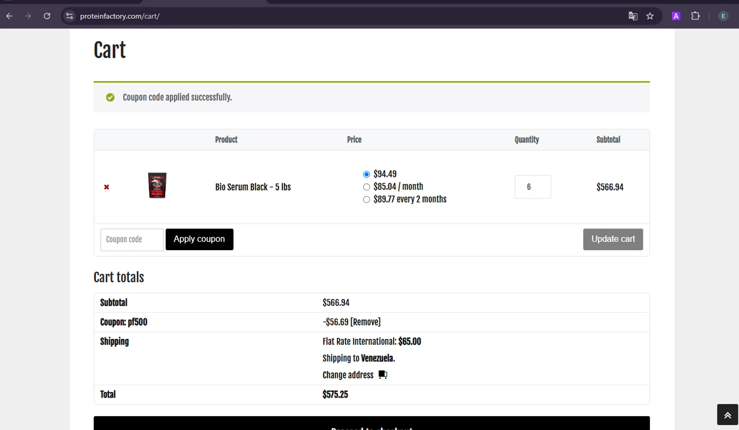 Protein Factory discount code screenshot showing code PF500 applied at Protein Factory checkout page. Uploaded by SimplyCodes community member MoneySage8222 on May 19, 2025