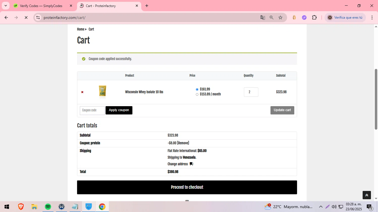 Protein Factory discount code screenshot showing code protein applied at Protein Factory checkout page. Uploaded by SimplyCodes community member DiscountDefender1226 on Jun 23, 2025
