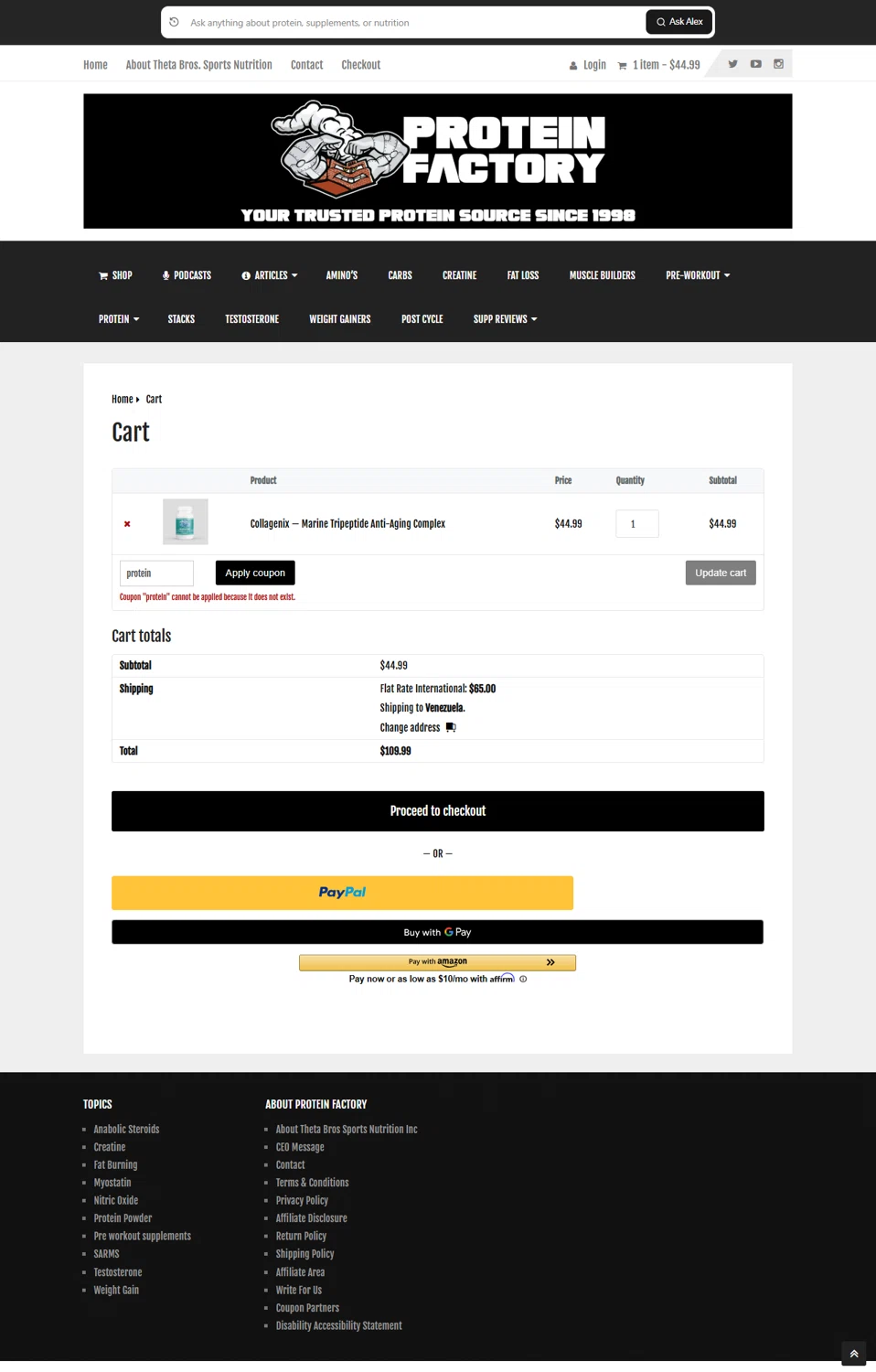 Protein Factory discount code screenshot showing code protein applied at Protein Factory checkout page. Uploaded by SimplyCodes community member Vanecobyuv on Nov 18, 2025