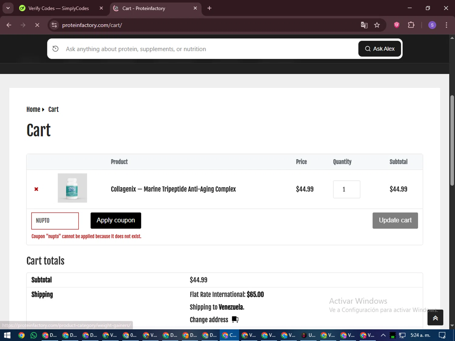 Protein Factory discount code screenshot showing code NUPTO applied at Protein Factory checkout page. Uploaded by SimplyCodes community member LuckyVoyager688 on Dec 1, 2025