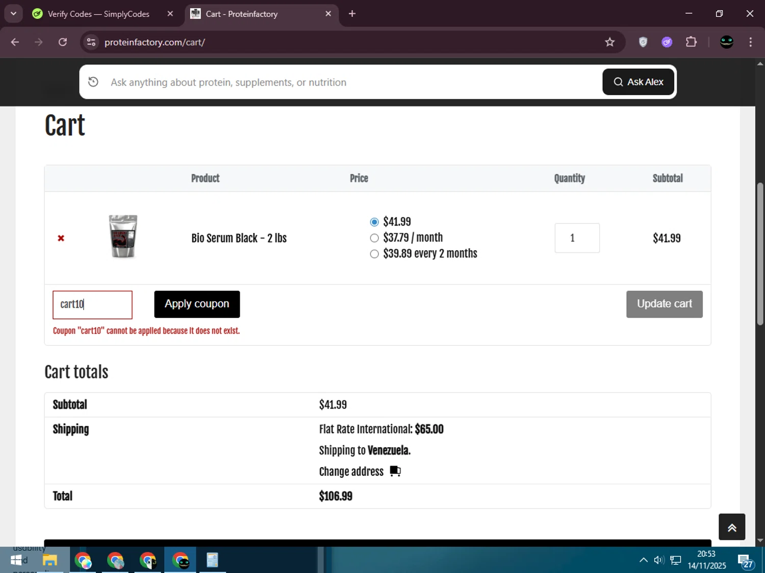 Protein Factory discount code screenshot showing code cart10 applied at Protein Factory checkout page. Uploaded by SimplyCodes community member BargainWizard5755 on Nov 15, 2025