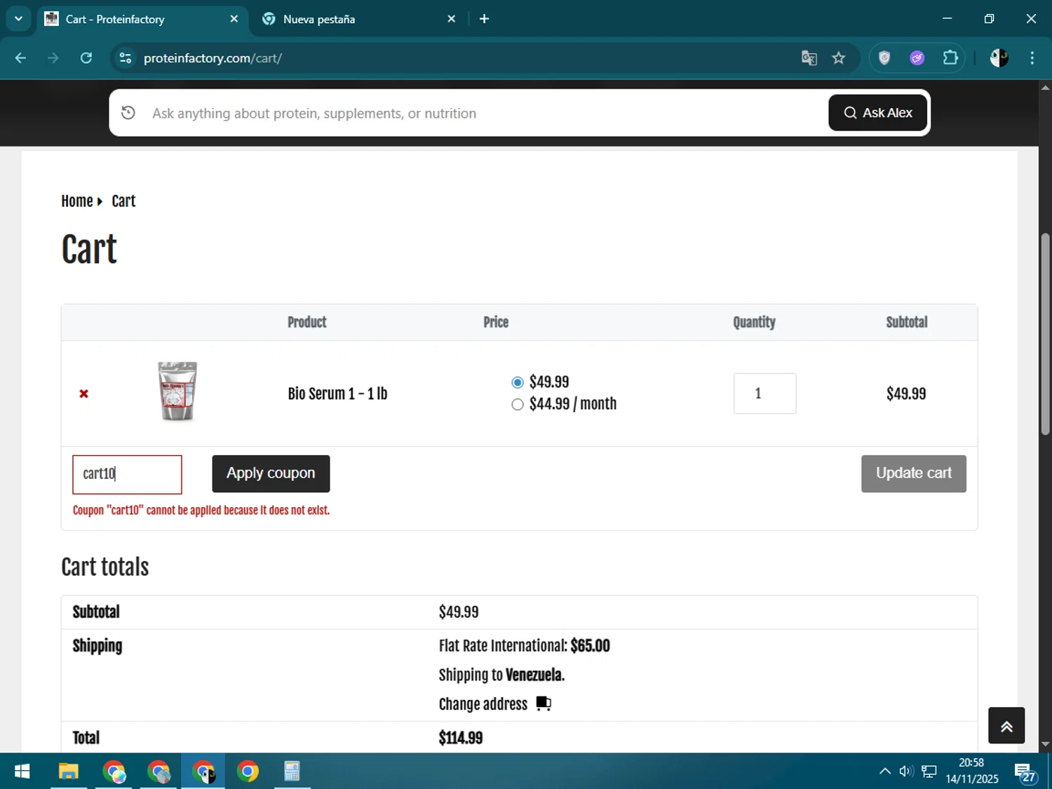 Protein Factory discount code screenshot showing code cart10 applied at Protein Factory checkout page. Uploaded by SimplyCodes community member CleverSage9163 on Nov 15, 2025