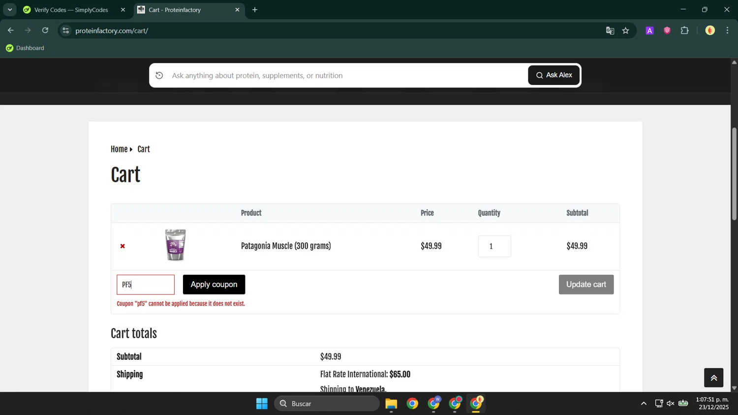 Protein Factory discount code screenshot showing code PF5 applied at Protein Factory checkout page. Uploaded by SimplyCodes community member LuckyShopper9694 on Dec 23, 2025