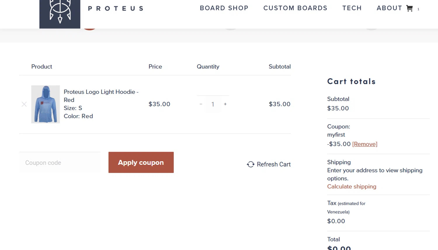 Proteus Snowboards promo code screenshot showing code MYFIRST applied at Proteus Snowboards checkout page. Uploaded by SimplyCodes community member BonusWarden6019 on Sep 25, 2025
