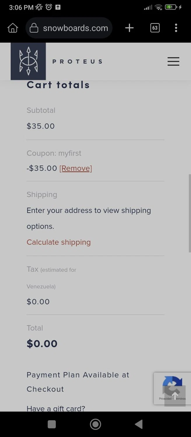 Proteus Snowboards checkout page showing Proteus Snowboards promo code box | Screenshot taken by SimplyCodes community member on May 20, 2025