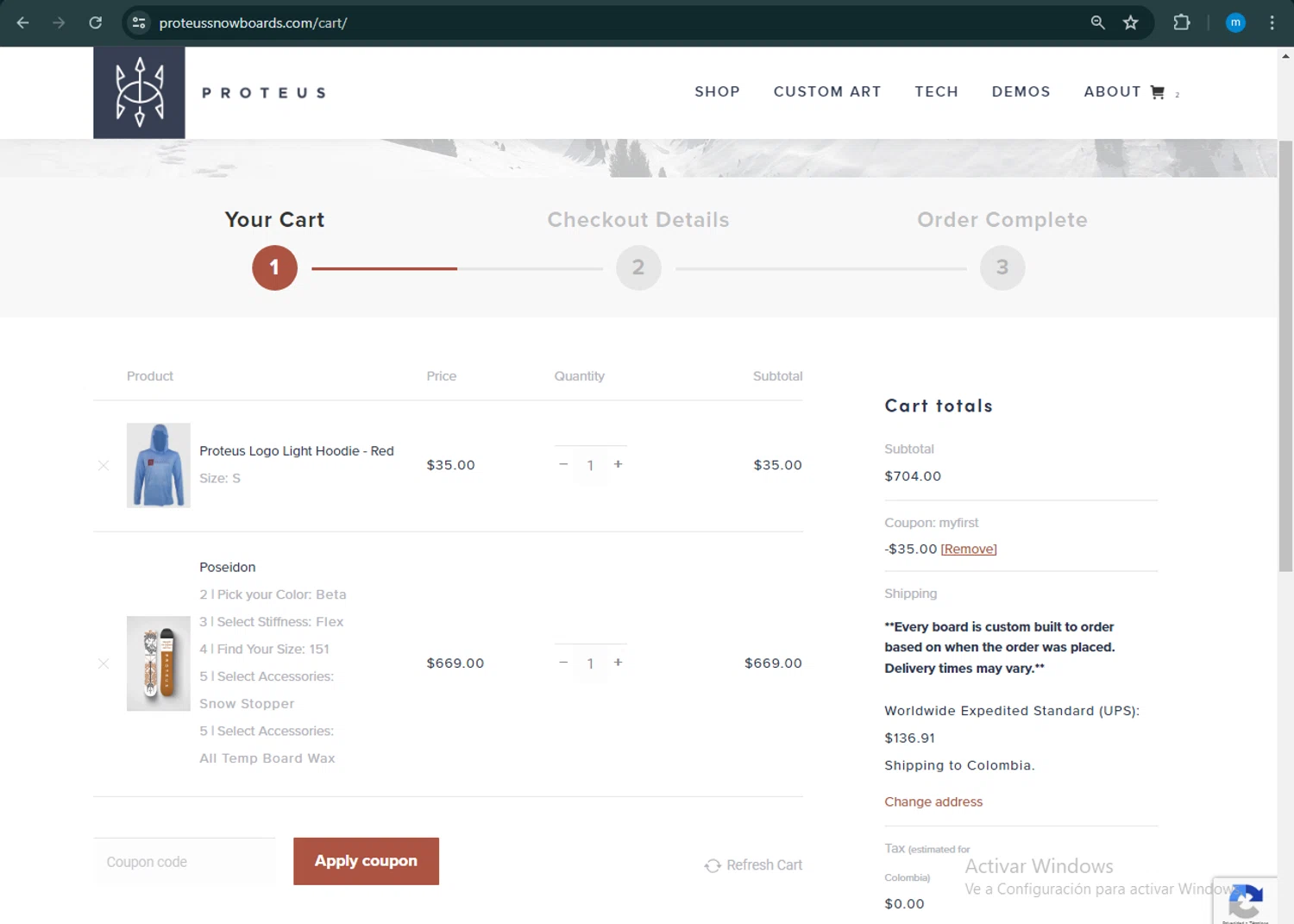 Proteus Snowboards checkout page showing Proteus Snowboards promo code box | Screenshot taken by SimplyCodes community member on Jul 20, 2024