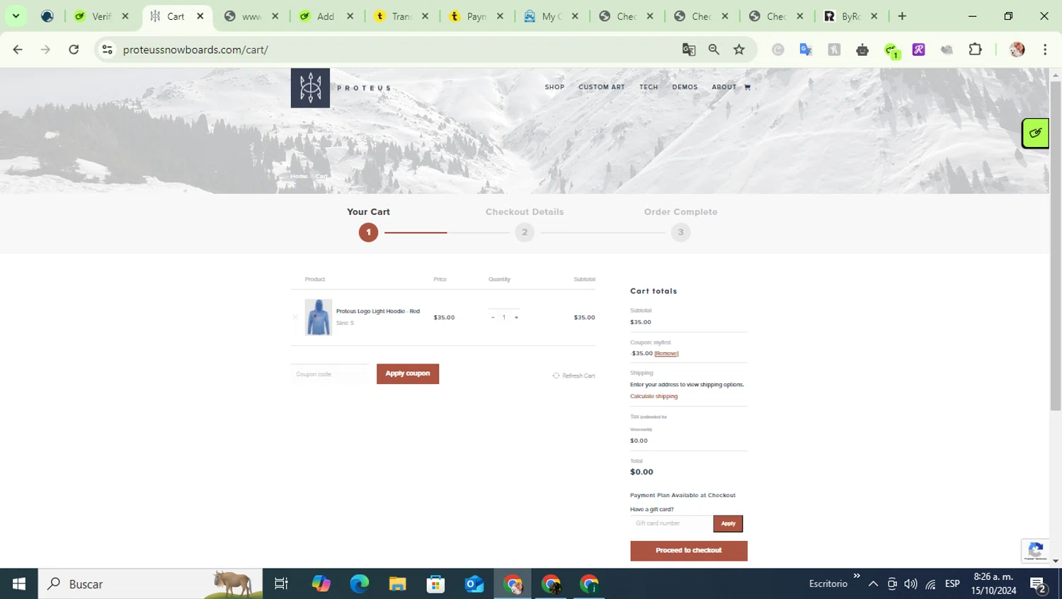 Proteus Snowboards checkout page showing Proteus Snowboards promo code box | Screenshot taken by SimplyCodes community member on Oct 15, 2024