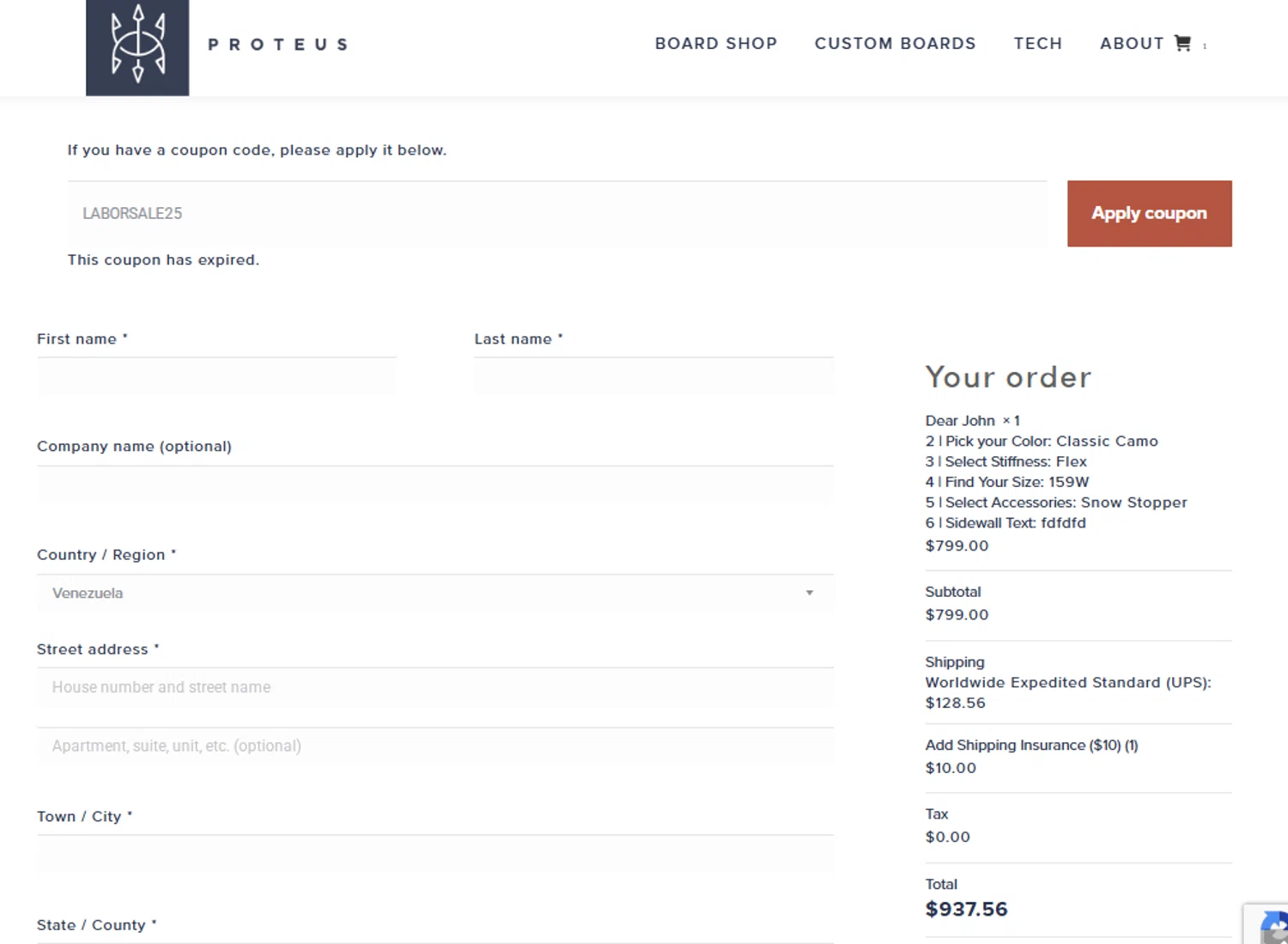 Proteus Snowboards promo code screenshot showing code LABORSALE25 applied at Proteus Snowboards checkout page. Uploaded by SimplyCodes community member Chino0809 on Sep 25, 2025