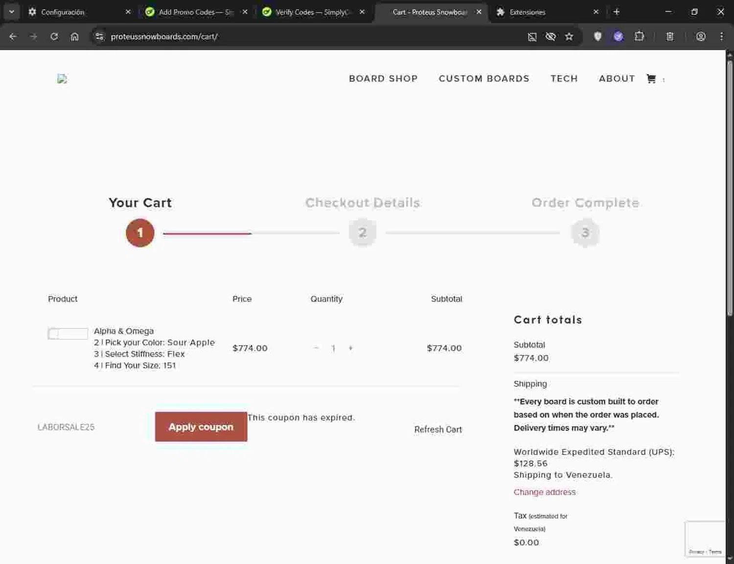 Proteus Snowboards promo code screenshot showing code LABORSALE25 applied at Proteus Snowboards checkout page. Uploaded by SimplyCodes community member Deadpool on Sep 25, 2025