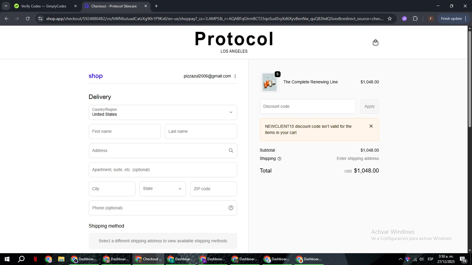 Protocol Lab promo code screenshot showing code newclient15 applied at Protocol Lab checkout page. Uploaded by SimplyCodes community member ExtraordinaryHunter3076 on Dec 27, 2025