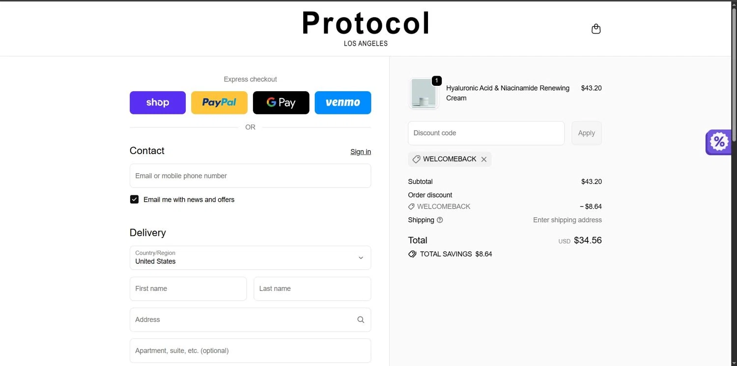 Protocol Lab promo code screenshot showing code WELCOMEBACK applied at Protocol Lab checkout page. Uploaded by SimplyCodes community member Depressive on Nov 26, 2025