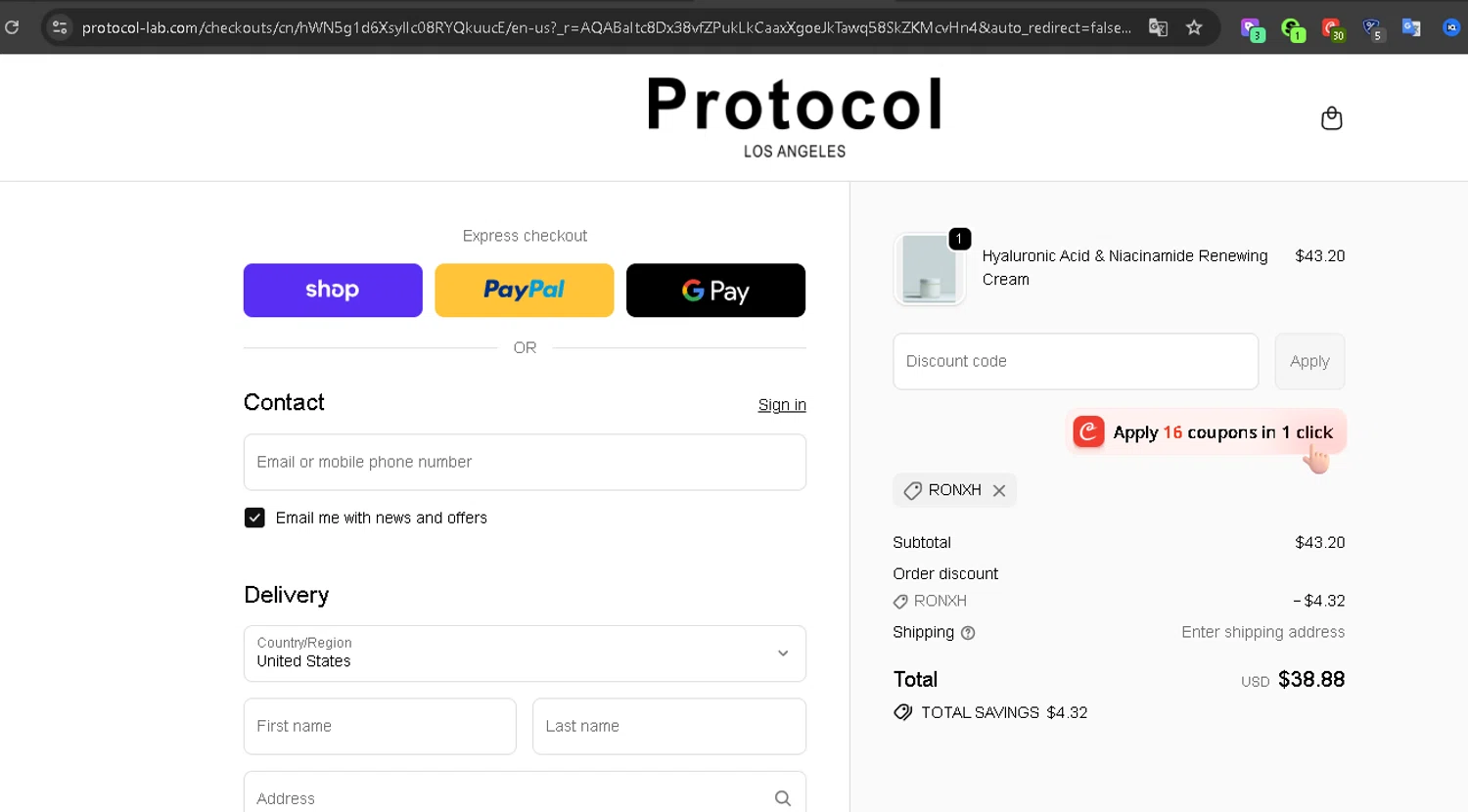 Protocol Lab promo code screenshot showing code RONXH applied at Protocol Lab checkout page. Uploaded by SimplyCodes community member Serdanvz on Nov 24, 2025