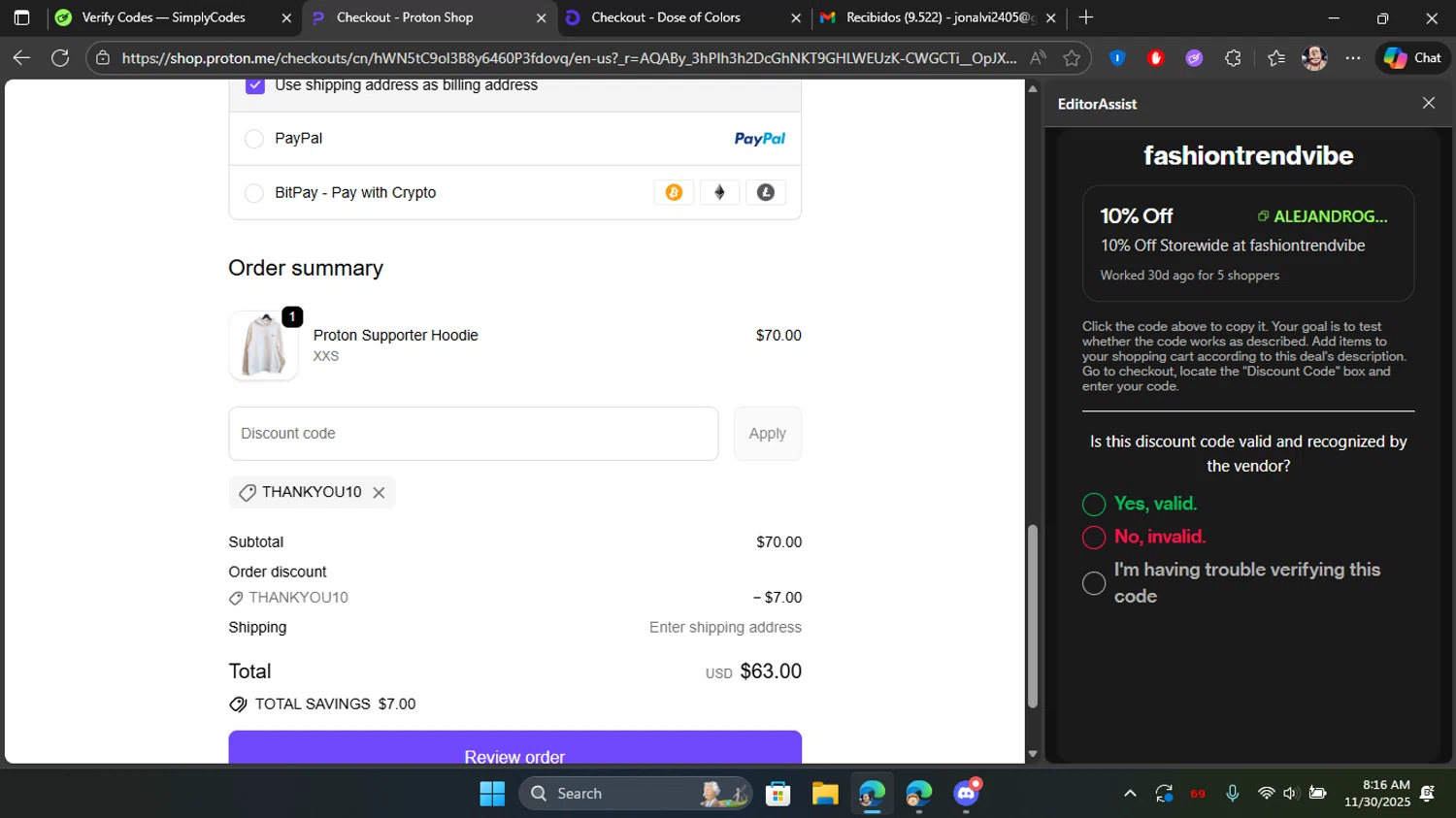 ProtonMail discount code screenshot showing code THANKYOU10 applied at ProtonMail checkout page. Uploaded by SimplyCodes community member Blackleg_Sanji on Nov 30, 2025