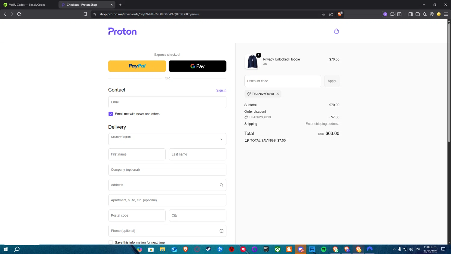 ProtonMail discount code screenshot showing code THANKYOU10 applied at ProtonMail checkout page. Uploaded by SimplyCodes community member RickelHumilde on Oct 23, 2025